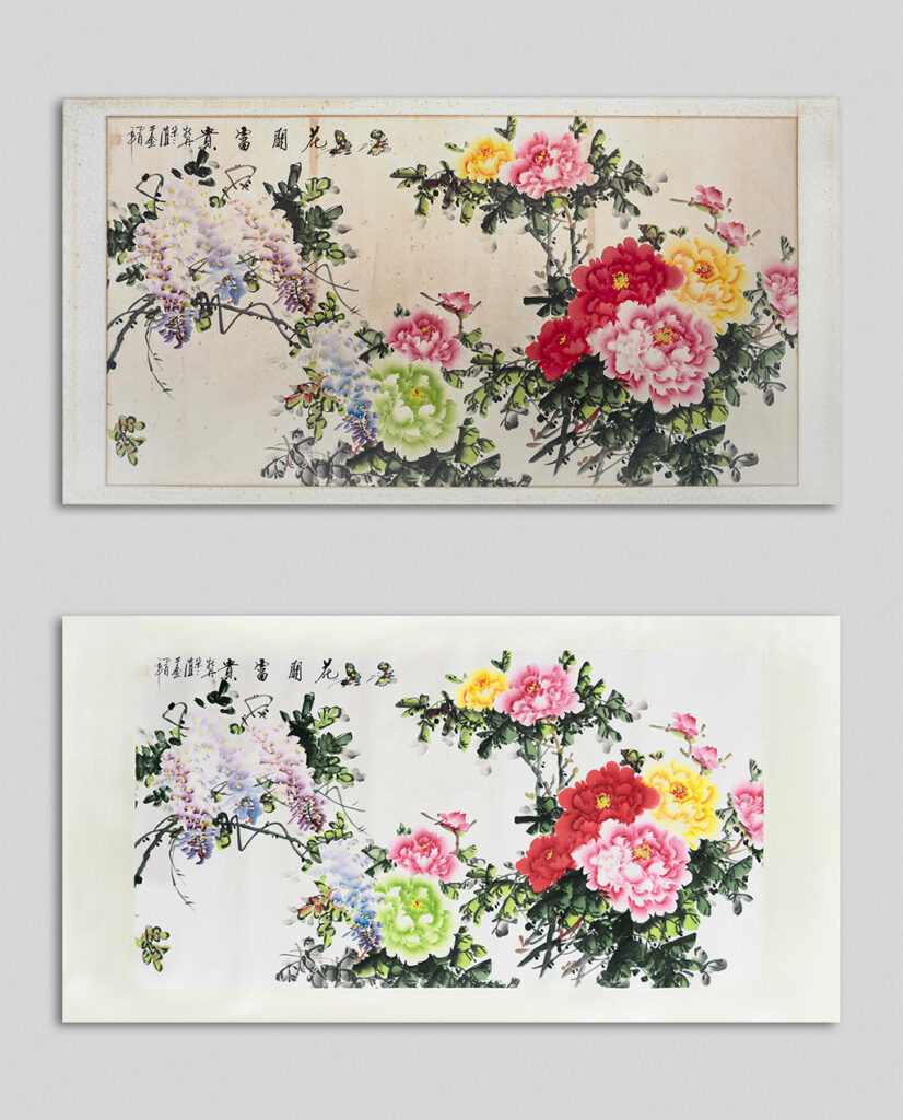 Chinese painting suffering from mould and discolouration before and after restoration